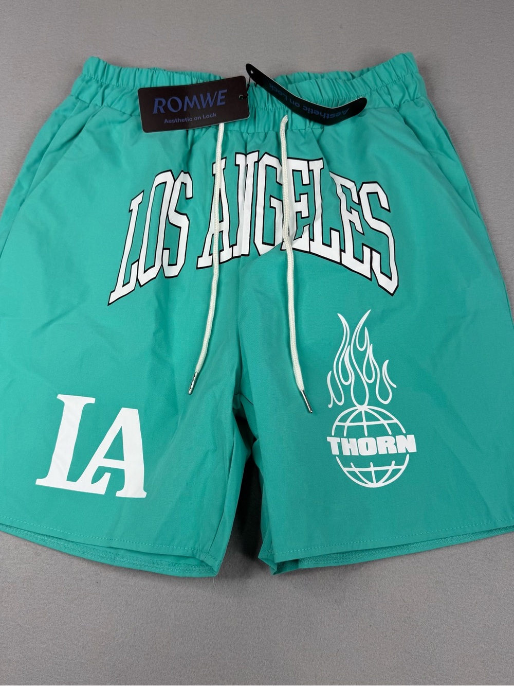 ROMWE Los Angeles LA Graphic Basketball Shorts Teal Drawstring Men’s M NWT